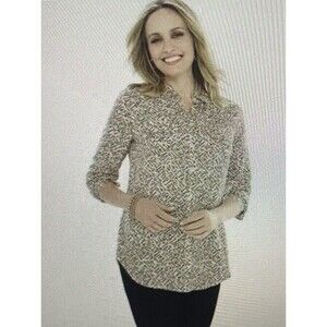 Chico’s Women's Size 3 Gold Key Print Button Up Blouse Business Casual Top